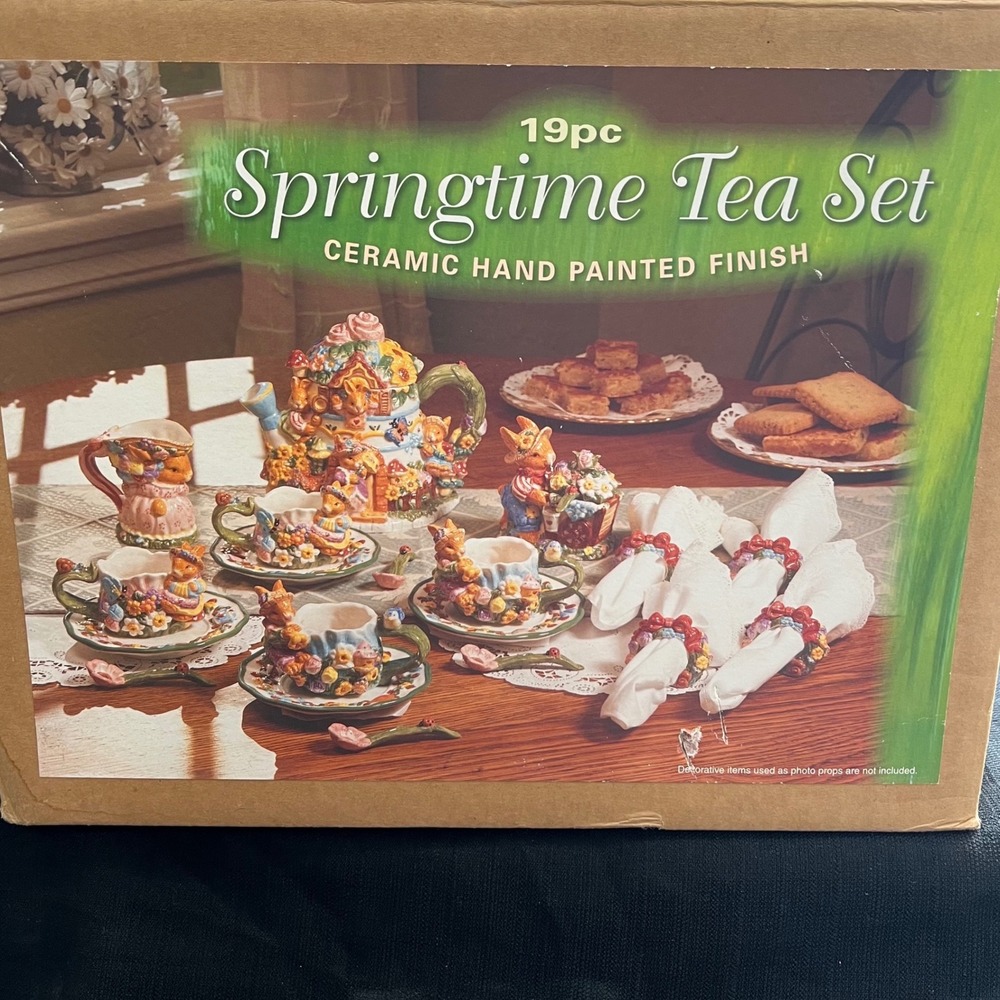SWC Springtime 19pc Ceramic Tea Set Hand Painted Bunny Rabbit Floral Easter